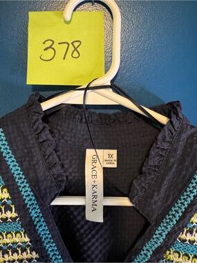 Navy Embroidered Ruffle Neck Blouse - 1X